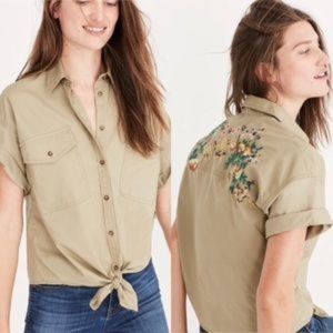 madewell khaki Floral Embroidered tie front top